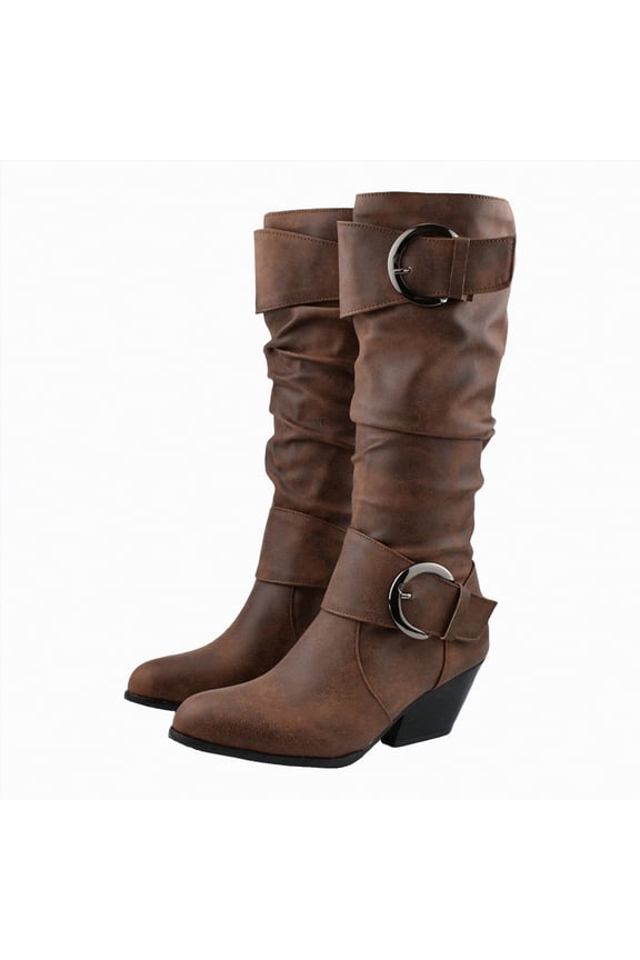 Wide Mid-Calf Boots for Women Slip-on Flat Chelsea Boots Women Ladies Fall Slip On Shoes Women Cowboy Boots Women Brown,Size 9