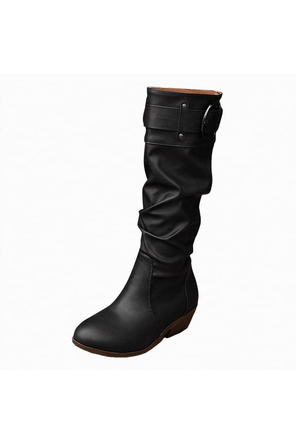 Wide Mid-Calf Boots for Women Slip-on Flat Chelsea Boots Women Ladies Fall Slip On Shoes Women High Boots Black,Size 9