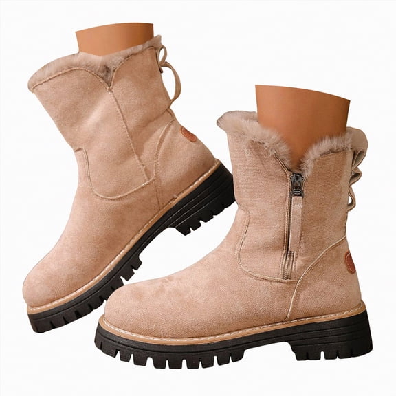 enyan Winter Boots for Women Mid-Calf Fashion Casual Knee-High Flat Heel Boots Woman Cowboy Boots Beige,Size 9