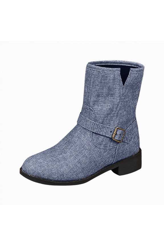 Women Cowboy Boots Womens Slouch Boots, Flat Heels Mid Wide Calf Zipper Ladies Fall Winter Fashion Boots Blue,Size 7