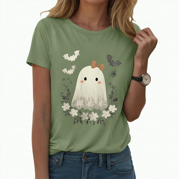 enyan Women Halloween Shirt Crew Neck Shirt Funny Family Party Celebration Short Sleeve Tee Pumpkin Graphic Cute Ghost Tops Light Green,S