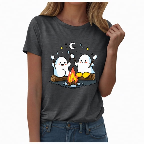 enyan Women Halloween Shirt Cute Ghost Fall Pumpkin T-Shirt Lover Graphic Tees Casual Short Sleeve Tops Grey,XXL