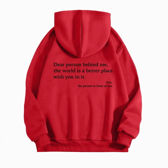 enyan Women Hooded Sweatshirts Letter Print Crew Neck Hoodie Loose Fit Long Sleeve Pullover Coat Jacket Tops Red,M