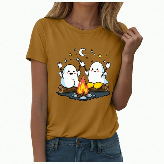 enyan Women Shirt Halloween Basic Tee Graphic Pumpkin Cute Ghost Graphic Tops Top Women Halloween Shirt Yellow,M