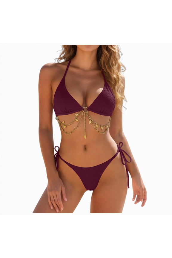 Women's 2 Piece Bikini Set Back Braided Straps with Reversible Bottom Bathing Suits for Women,Wine,M