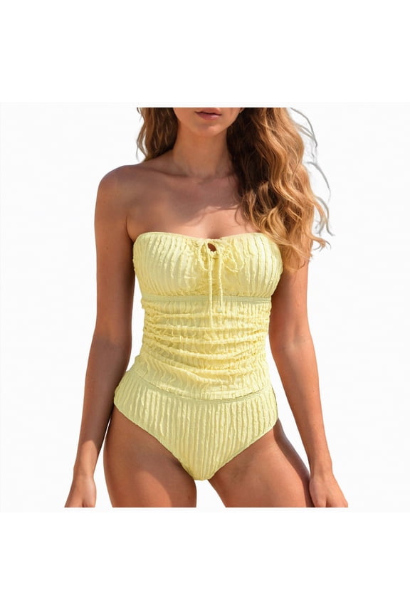 Women's 2 Piece Bikini Set Back Braided Straps with Reversible Bottom Womens Bathing Suits,Light Yellow,L