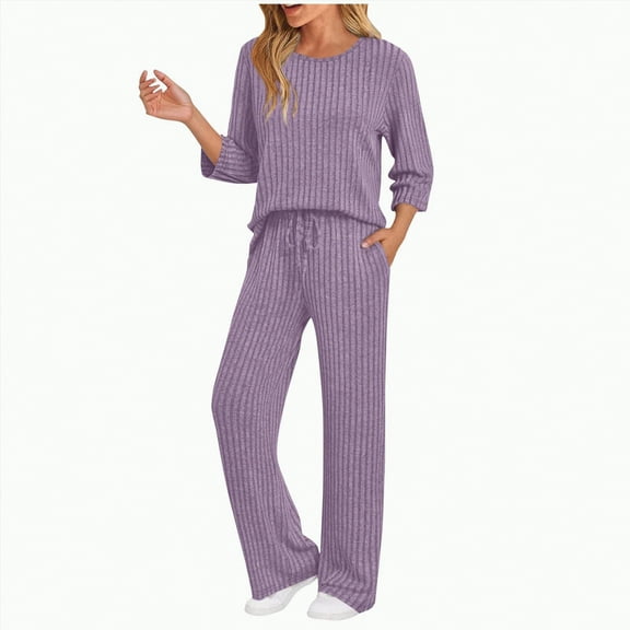 enyan Women's 2 Piece Outfits Fall Sweatsuits Hoodies Wide Leg Sweatpants Tracksuits Lounge Matching Sets Matching Lounge Sets for Women Purple,L