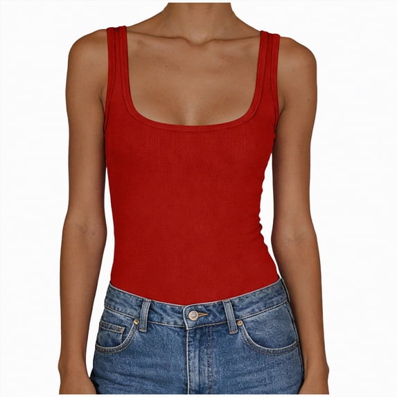 enyan Women's Basic Double Lined Scoop Neck Tank Tops Adjustable Tank Summer Sleeveless Tops Womens Tops Casual,Red,XXXXL