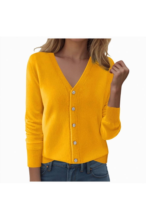 Women's Cardigan Sweater Long Sleeve Chunky Knit Cropped Cardigans Button Down Sweaters with Pockets（Yellow,M）