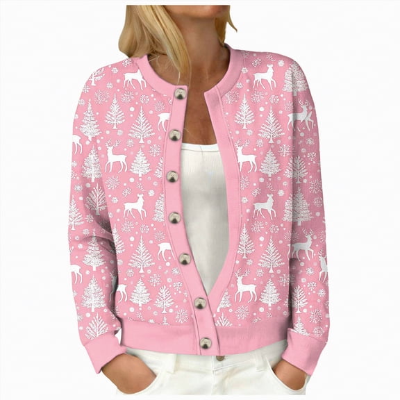 enyan Women's Cardigan Sweaters Women's Button Down Crew Neck Long Sleeve Soft Knit Cardigan Sweatersts Pink,XL