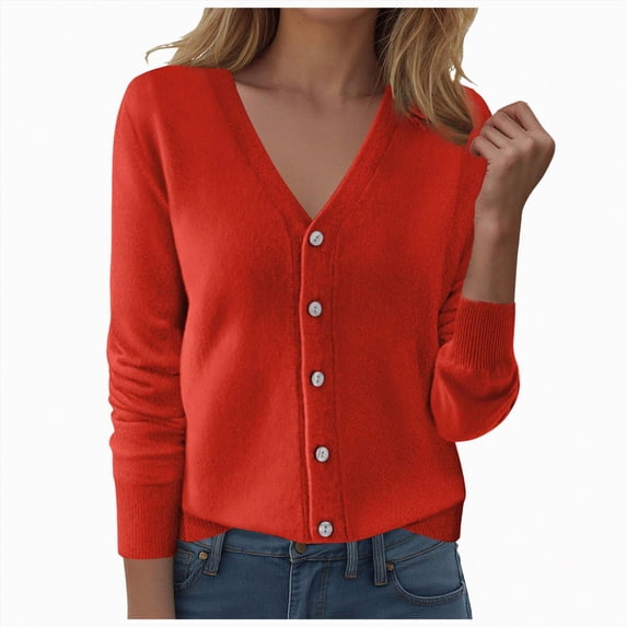 enyan Women's Cotton Lightweight Cardigans Long Sleeve Knitted Button Down Sweater(Red,L)