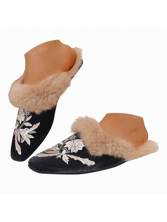 Women's Indoor Bedroom Slipper , Gift for Women, Wool-Like House Shoe with Anti-Skid Rubber Sole for Ladies Slippers For Women Indoor Black Size 6.5