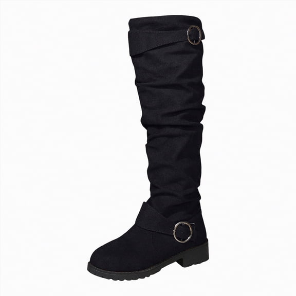 enyan Women's Knee High Boots Flat Warm Winter Boots with Side Zipper Woman Cowboy Boots Black,Size 6