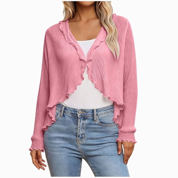 enyan Women's Long Sleeve Cardigan Sweaters Open Front Cropped Bolero Shrugs for Dresses(Pink,One Size)