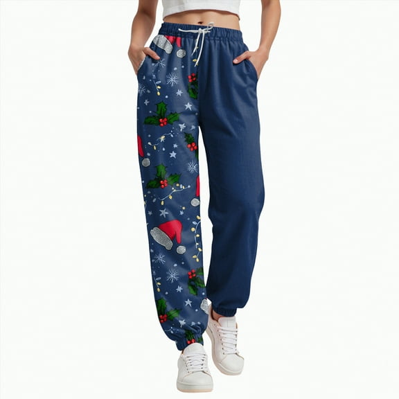 enyan Women's Popular Print High Waist Premium Jogger Track Pants Christmas Pants for Women Navy,S