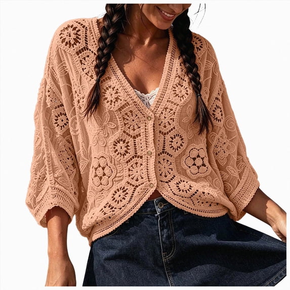enyan Women's Short Sleeve Summer Cardigan V-Neck Button up Lightweight Hollow Out Sweater Cardigans Shrug(Khaki,One Size)