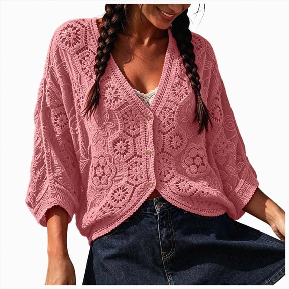 enyan Women's Short Sleeve Summer Cardigan V-Neck Button up Lightweight Hollow Out Sweater Cardigans Shrug(Pink,One Size)