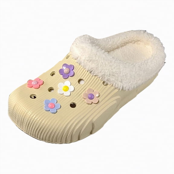 enyan Women's Slippers￼ Women's House Slippers with Hard Bottom, Fur Lined House Shoes with Non-Slip Rubber Sole for Indoor & Outdoor Beige Size 6