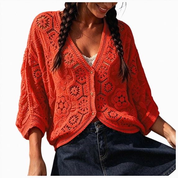 enyan Women's Summer Crop Shirt Lightweight Cardigan Sweater Ruffle Shirt Casual Button Shurgs Sweaters Long Sleeve Tops(Orange,One Size)