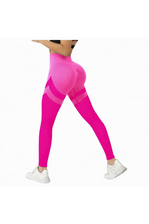 Women's Yoga Pants Women's Ribbed Knit Leggings Elastic High Waist Solid Color Textured Slim Fit Casual Long Pants,Hot Pink,M
