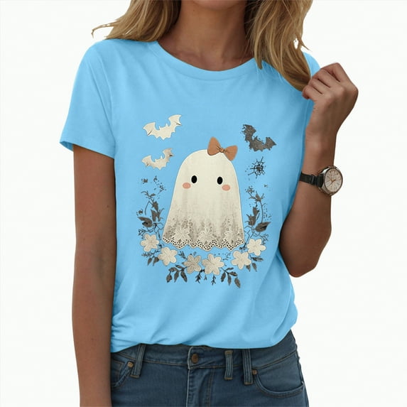 enyan Women'sHalloween Shirts Oversize T-Shirt for Women Cute Spooky Graphic Shirt Spooky Season Ghost Tee Tops Sky Blue,S