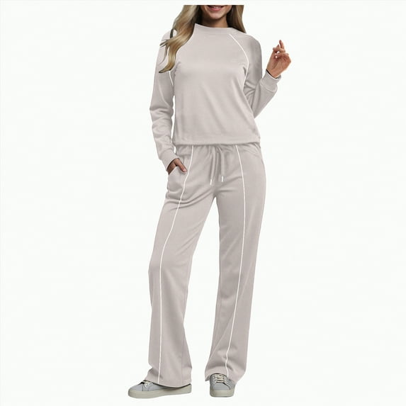 enyan Womens 2 Piece Outfits Solid Color Hoodies Sweatsuit Sets Tracksuit Fall Outfits for Women Lounge Set Sweatshirt And Sweatpants Set Women Beige,XL