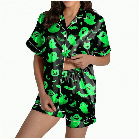 enyan Womens Halloween Pajamas Cute Button Down Shirt and Shorts 2 Piece Ghost Or Pumpkin Pattern Sets Green,XL