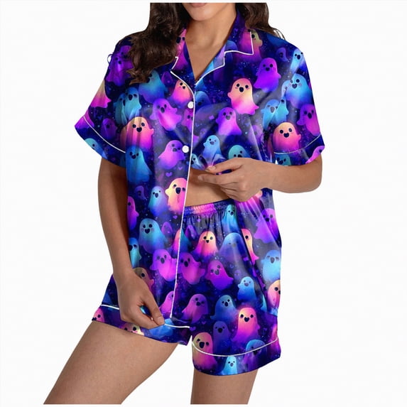 enyan Womens Halloween Pjs Set Pajamas Set 2 Piece Lounge Sets Print Autumn themed Sleepwear Button Soft Dark Purple,XL