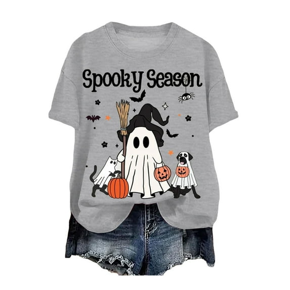 enyan Womens Halloween Shirts Halloween Shirts for Women Ghost Print Funny Crewneck Short Sleeve Top for Costumes Autumn Party Graphic T-Shirt Grey,XL