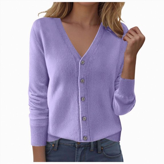 enyan Womens Long Sleeve Knit Cardigan Sweaters Casual Dressy Open Front Button Down Cardigans Fall Outfits(Purple,M)