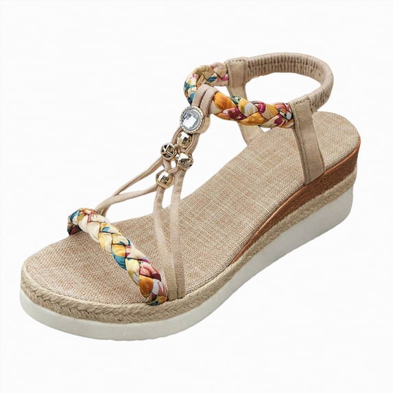 enyan Womens Sandals Women's Platform Wedge Sandals Comfortable Open Toe Ankle Strap Summer Walking Sandals with Buckle,Beige,Size 9