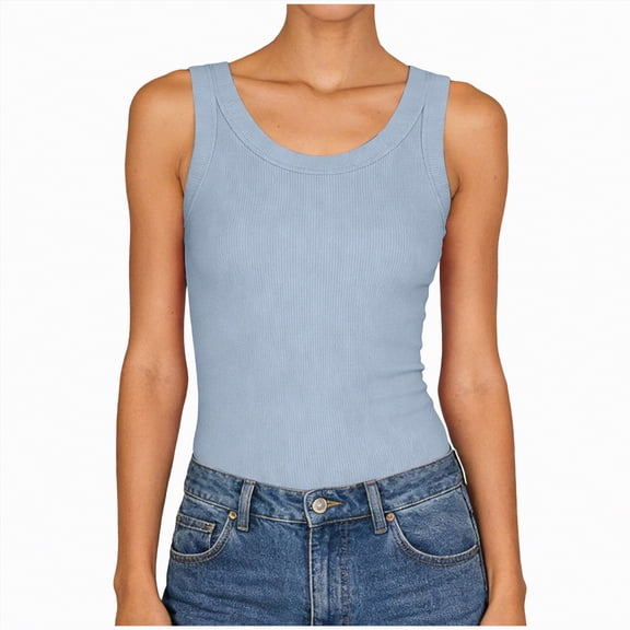 enyan Womens Tank Tops with Built in Bras Summer Square Neck Sleeveless Shirts Ribbed Fitted Basic Casual Tops Womens Tops Summer,Light Blue,XL