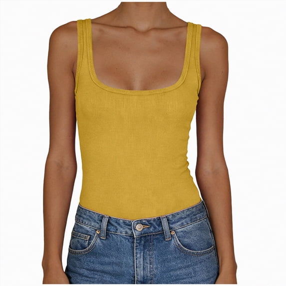 enyan Workout Tops for Women Womens Ladies Ribbed Thick Strap Racerback Tight Slim Fitted Sporty Workout Tank Tops,Yellow,XL