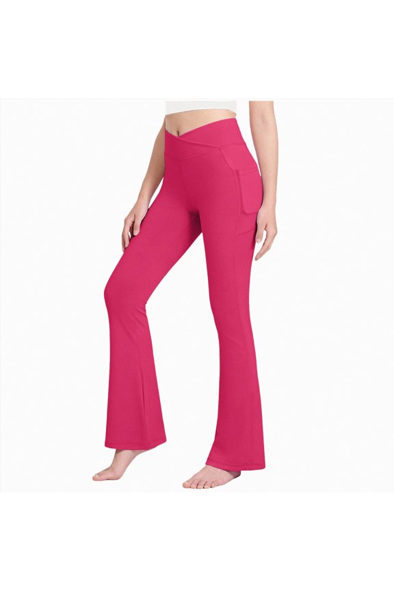 Yoga Pants For Girls Girls Flare Leggings with Pockets Cross-Waist High Waisted Yoga Pants Bell Bottoms Athletic Pants,Hot Pink,5-6 Years