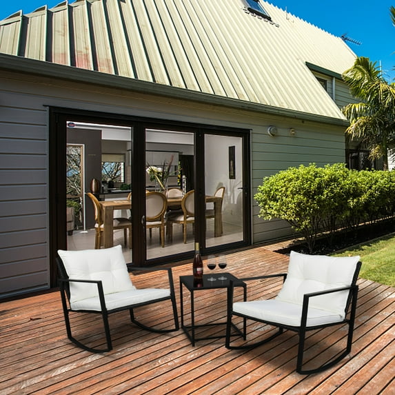 enyopro 3 Piece Bistro Set Patio Rocking Chairs, Wicker Patio Furniture Sets with Beige Cushions and Glass Table, Rattan Chair Conversation Set for Backyard Porch Poolside Garden, K3236