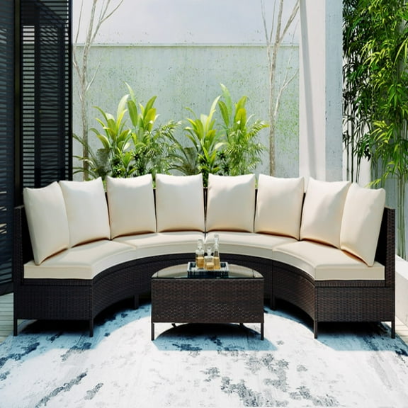 5 Piece Wicker Patio Furniture Set, Patio Sectional Sofa Set, Half-Moon Sectional Sofas W/ Tea Table, All-Weather Outdoor Chair Set, UV-resistance PE Rattan Furniture Set for Garden Porch Deck, T474