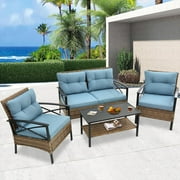 enyopro All-Weather Rattan Patio Furniture Set of 4, Outdoor Cushioned Conversation Set with Arm Chairs and Coffee Table, Sectional Couch Chair Set for Patio, Deck, Backyard, Garden, Poolside, K3031