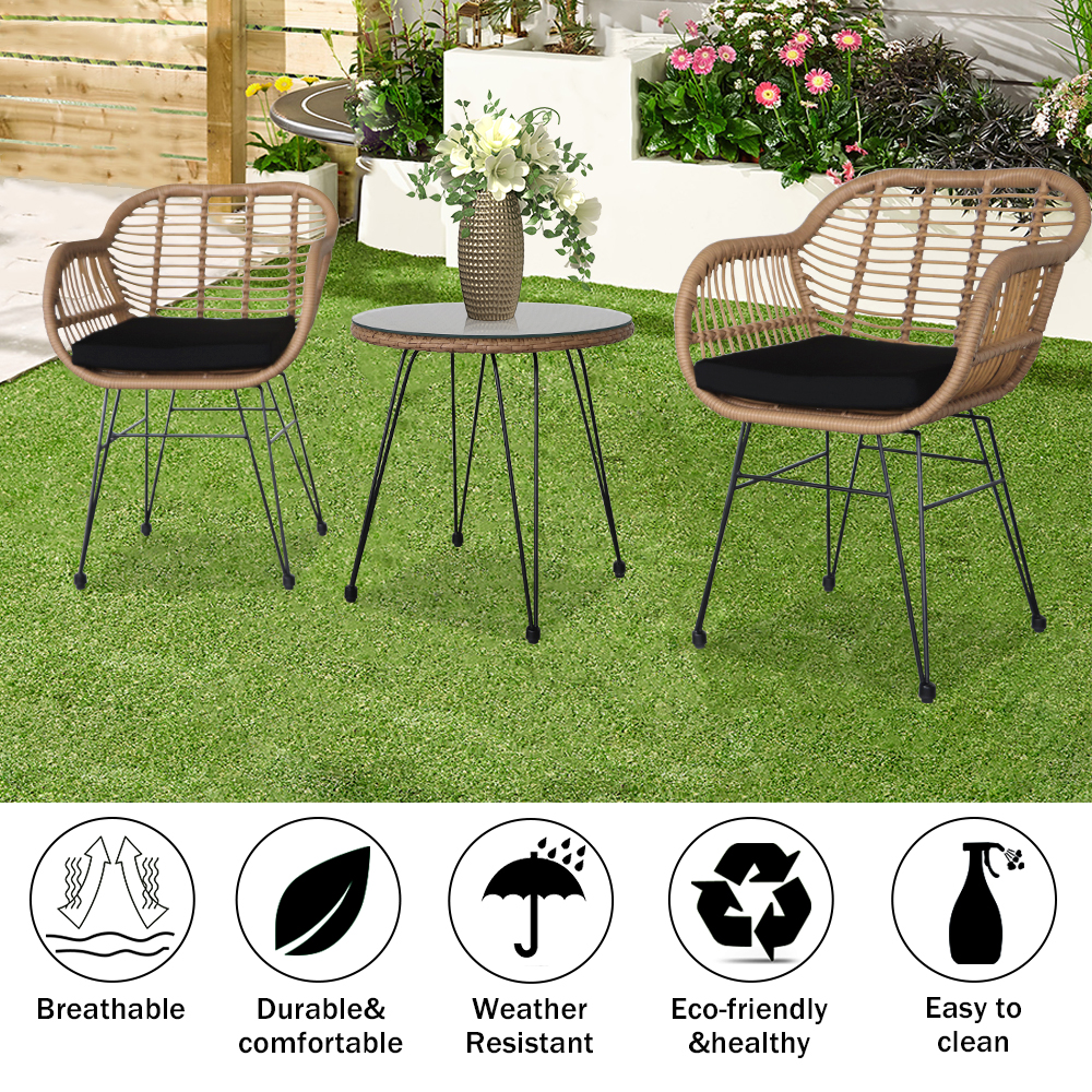enyopro Outdoor Bistro Table Set, 3-Piece Wicker Patio Furniture Set, Indoor Outdoor All-Weather Rattan Conversation Chair Set with Glass Top Table and Cushions, Ideal for Balcony Garden Deck Porch - image 1 of 8