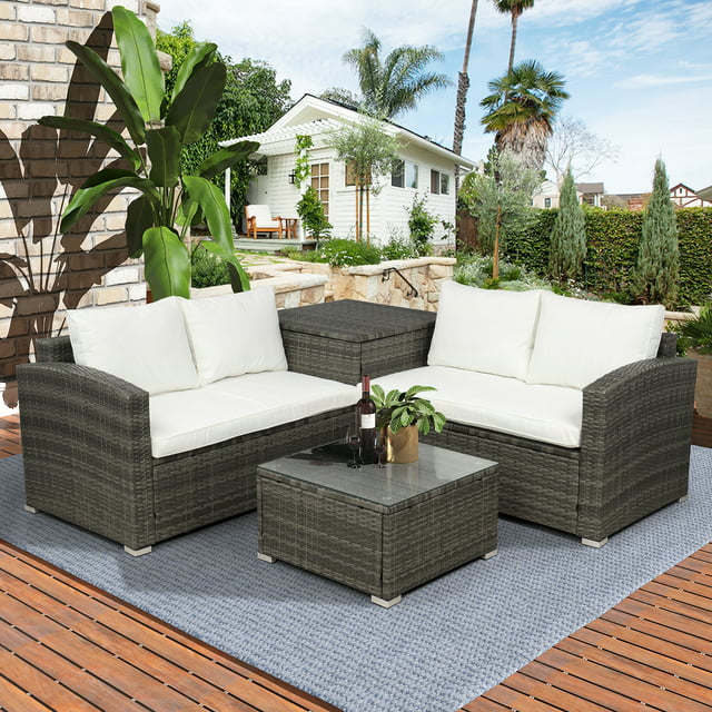 enyopro Outdoor Wicker Patio Furniture Sets, 4 Piece Outdoor Conversation Set with Storage Box and Coffee Table, Rattan Outside Furniture Set, Patio Backyard Porch Balcony Furniture Sets, JA1740