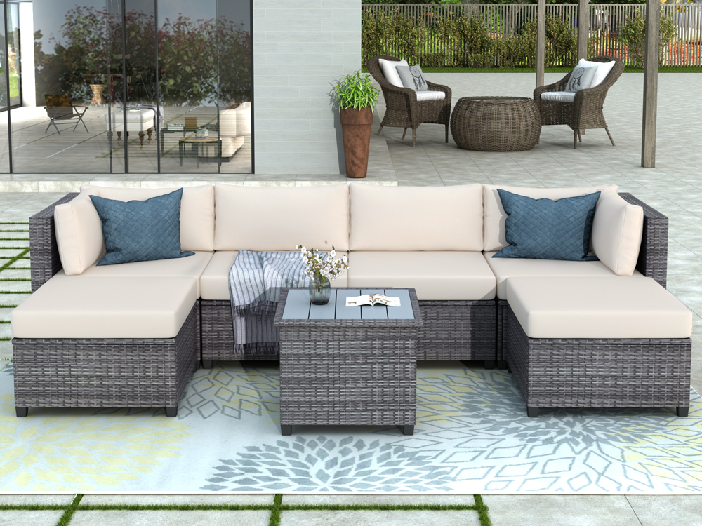 enyopro Patio Conversation Set, 7 Piece PE Wicker Furniture Chair Set with Table, Ottoman & Cushions, All-Weather Outdoor Cushioned Sectional Sofa Chairs, Rattan Sofa Set for Patio Deck Yard, K2598 - image 1 of 11