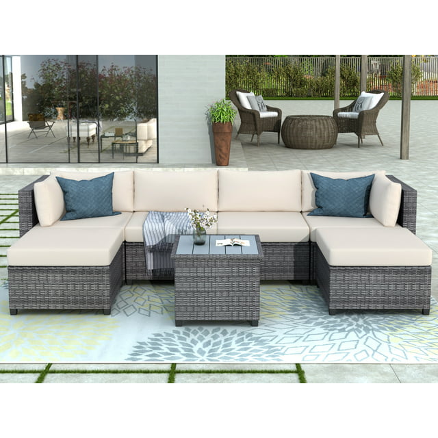 enyopro Patio Conversation Set, 7 Piece PE Wicker Furniture Chair Set with Table, Ottoman & Cushions, All-Weather Outdoor Cushioned Sectional Sofa Chairs, Rattan Sofa Set for Patio Deck Yard, K2598