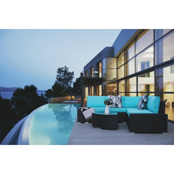 enyopro Patio Sofa Set, 6 Piece Outdoor Furniture Set, PE Rattan Wicker Sectional Sofa Furniture, Manual Weaving Wicker Couch with Removable Cushions & Tea Table, Ideal for Patio Deck Backyard, B1178