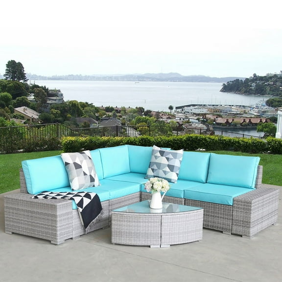 enyopro Patio Sofa Set, 6 Piece Outdoor Furniture Set, PE Rattan Wicker Sectional Sofa Furniture, Manual Weaving Wicker Couch with Removable Cushions & Tea Table, Ideal for Patio Deck Backyard, K3222