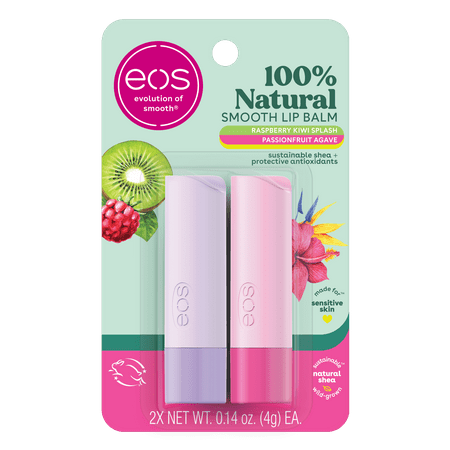 eos 100% Natural Lip Balm, Raspberry Kiwi & Passionfruit Agave, All-Day Moisture, 0.14 oz, 2-Pack