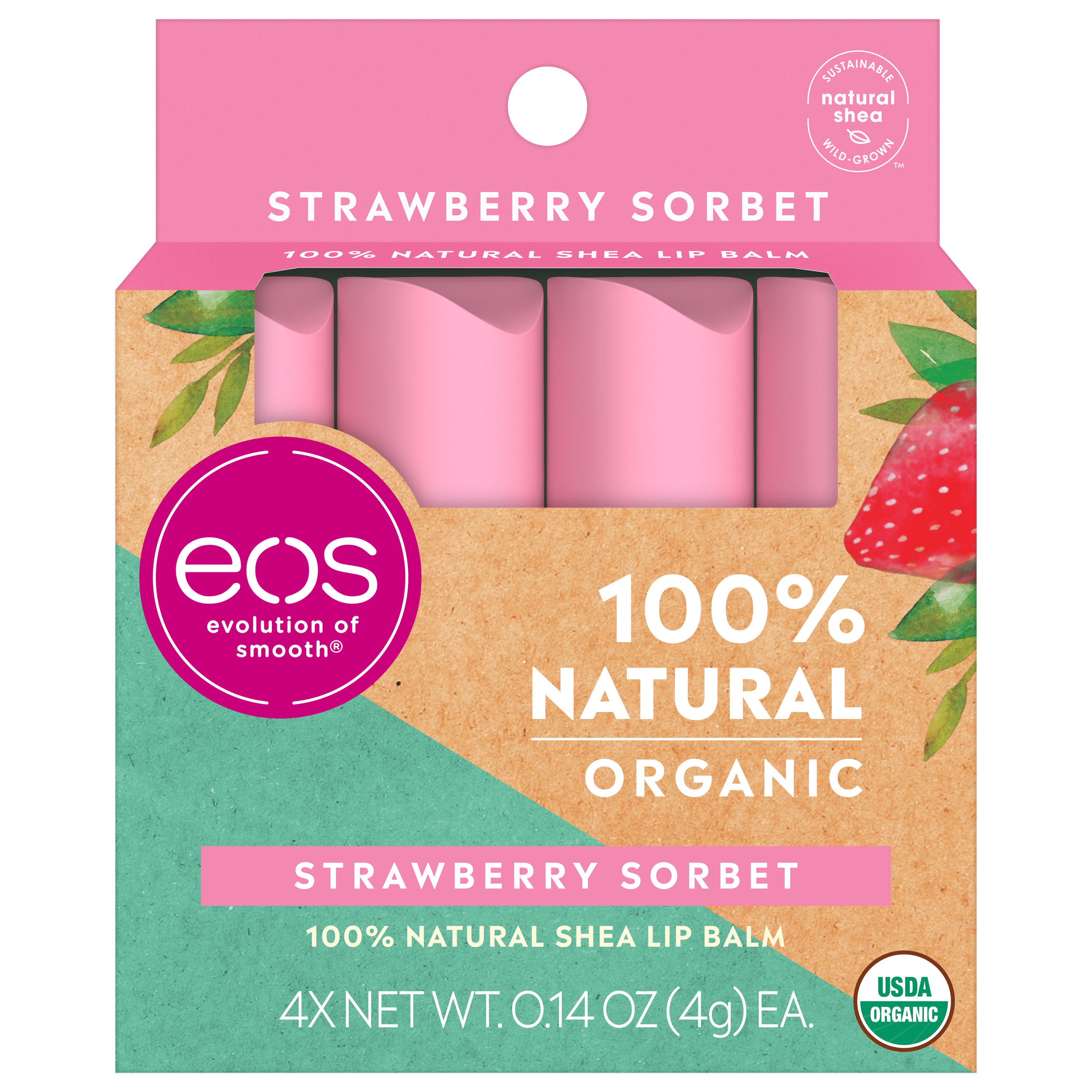 eos 100% Natural & Organic Lip Balm- Strawberry Sorbet, Dermatologist  Recommended for Sensitive Skin, All-Day Moisture, 0.14 oz, 2 Pack