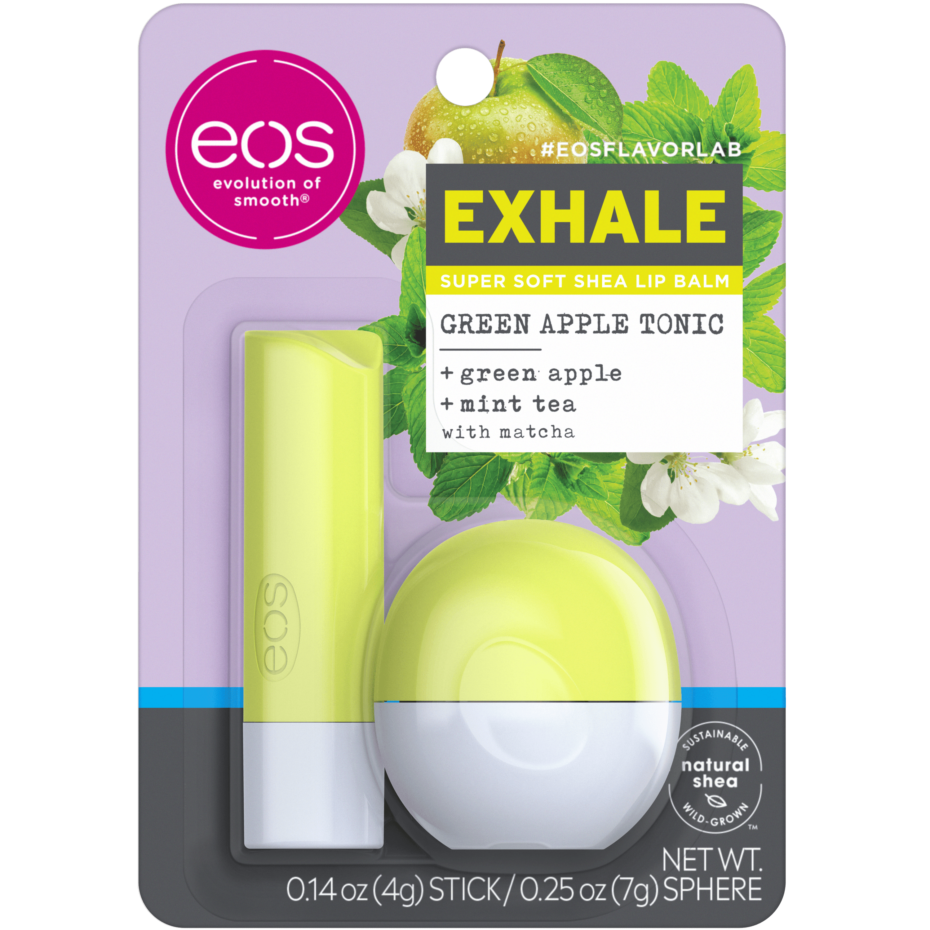 eos Exhale Moisturizing Long-Lasting Natural Lip Balms Stick & Sphere with  Shea Butter, Green Apple Tonic, 0.39 oz - Walmart.com