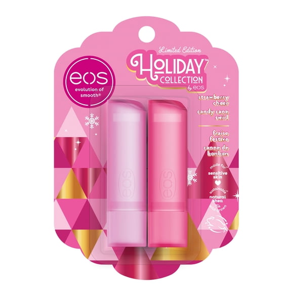 eos Holiday Lip Balm Gift- Strawberry Cheer & Candy Cane Swirl, Stocking Stuffers, All-Day Moisture Lip Care, 0.14 oz, 2-Pack