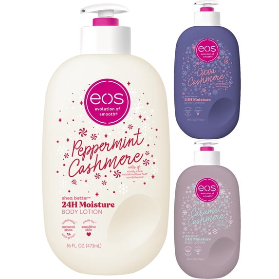 eos Shea Better 24H Moisture Body Lotion, Cocoa Cashmere + Peppermint Cashmere + Caramel Cashmere, 16oz