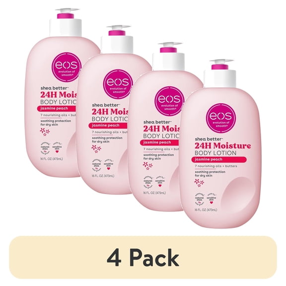 (4 pack) eos Shea Better Body Lotion- Jasmine Peach, Soothes Dry Skin, 16 fl oz