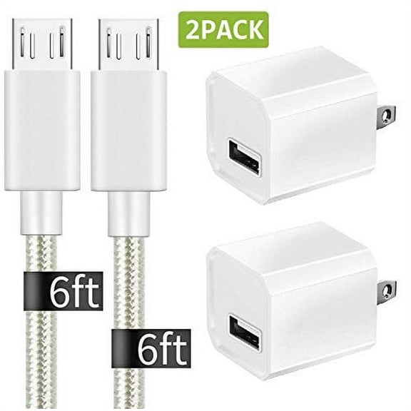 epacks Charger, Certified 5W Portable Travel USB Wall Charger Adapter w/Nylon Braided Micro 6FT USB High-Speed Cable Compatible Samsung, LG, Motorola, Nexus, HTC, Google, Sony, Android & More (2-Pack)